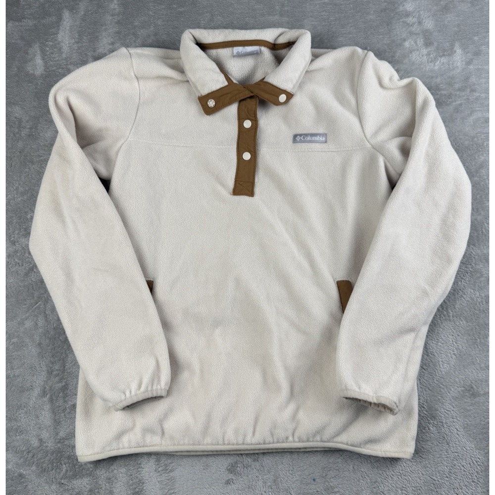 Columbia Womens Medium Cream Fleece Pullover Snap Neck Brown Outdoor Jacket